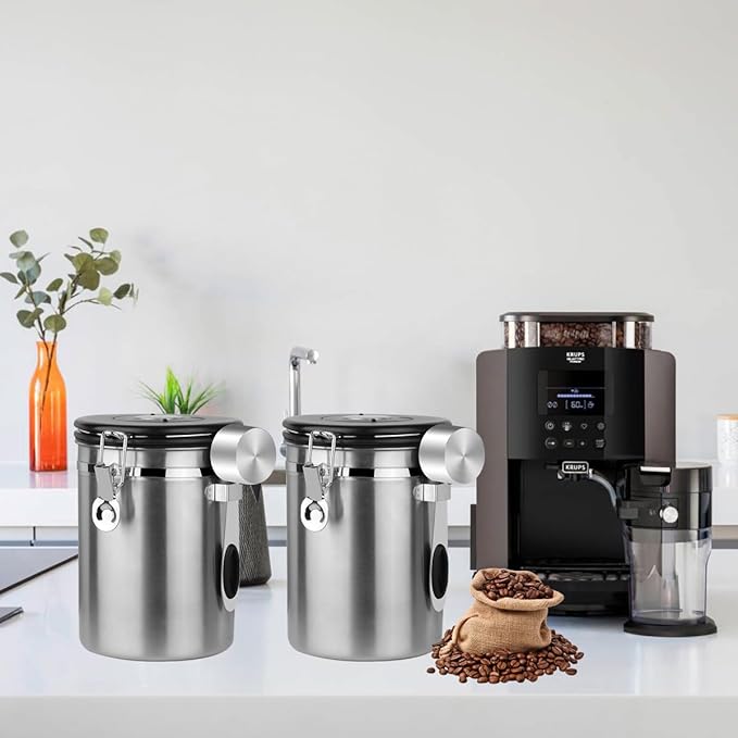 Coffee Canister Airtight Storage Container Stainless Steel Air Tight Coffee Jar with Scoop, Date Tracker CO2 Release Valve for Dry Food, Beans, Ground, Tea, Flour, Cereal and Sugar (1.8L-Silver-2pcs)-Ruum Studio Home