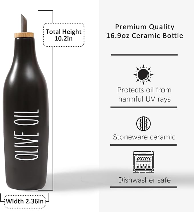 HOMCDALY Olive Oil and Vinegar Dispenser Set, Ceramic Oil and Vinegar Bottles with Bamboo Tray, 16.9oz Kitchen Cruet - Set of 2 - Black-Ruum Studio Home