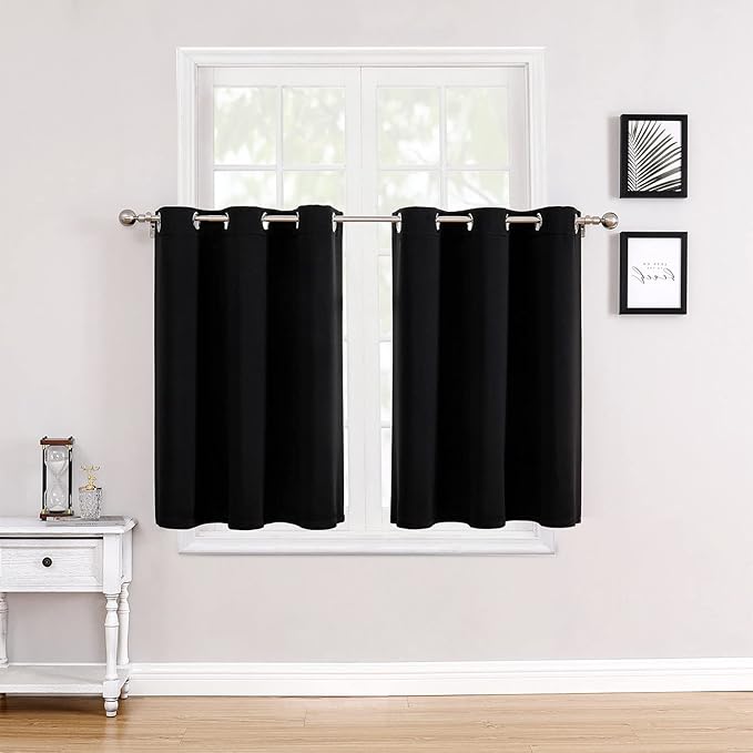 ChrisDowa Small Window Curtains for Kitchen and Bedroom - Grommet Short Thermal Insulated Room Darkening Curtains (2 Panels, Black, 34 x 36 Inch)-Ruum Studio Home