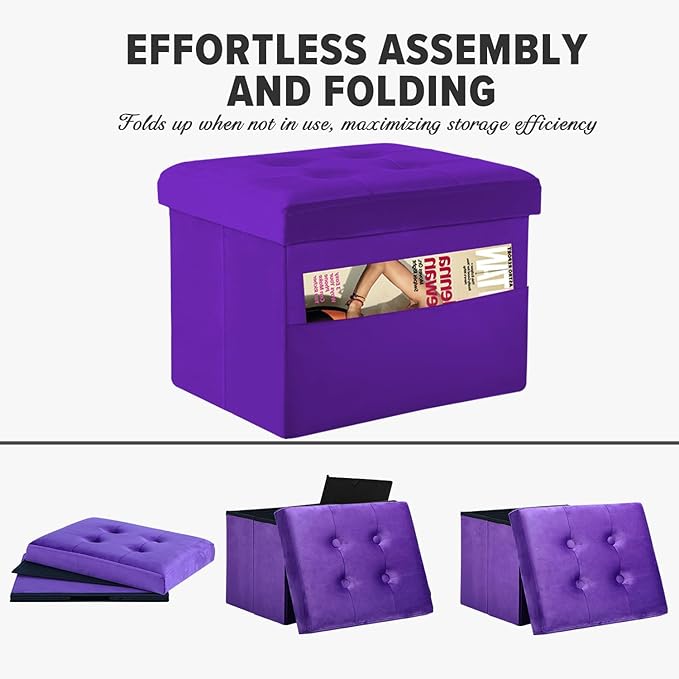 LINMAGCO Storage Ottoman Folding Foot Stool Foot Rest with Side Pocket Modern Ottoman with Storage Short Sofa Stool Velvet 17x13x13(Purple)-Ruum Studio Home