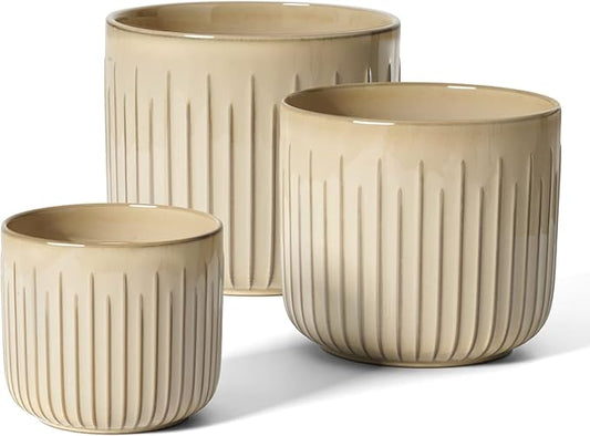 LE TAUCI Fluted Ceramic Planters Set of 3 – 8.3/7 / 5.7 in Cloud Cream Reactive Cylinder Indoor Plant Pots with Drainage Plug & Mesh, Glossy Stoneware Flower Pots for Succulents Herbs-Ruum Studio Home