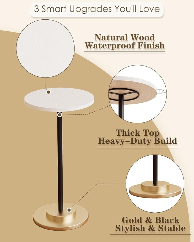 Masupu Drink Table, Round Side Table for Small Spaces, Pedestal Side Table, Small End Table with Metal Base, for Living Room, Bedroom, Bathroom, White-Ruum Studio Home