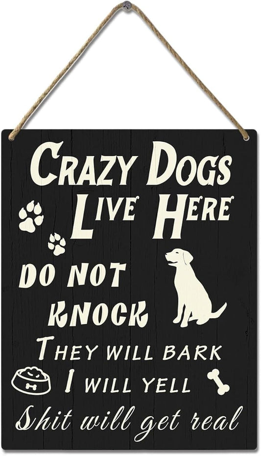 Do Not Knock or Ring Doorbell Sign for Front Door, Funny Dog Owner Warning Crazy Dogs Live Here Do Not Knock They Will Bark I Will Yell Wooden Signs, No Disturb Door Decor for Pet Lovers 10x8 Inch-Ruum Studio Home