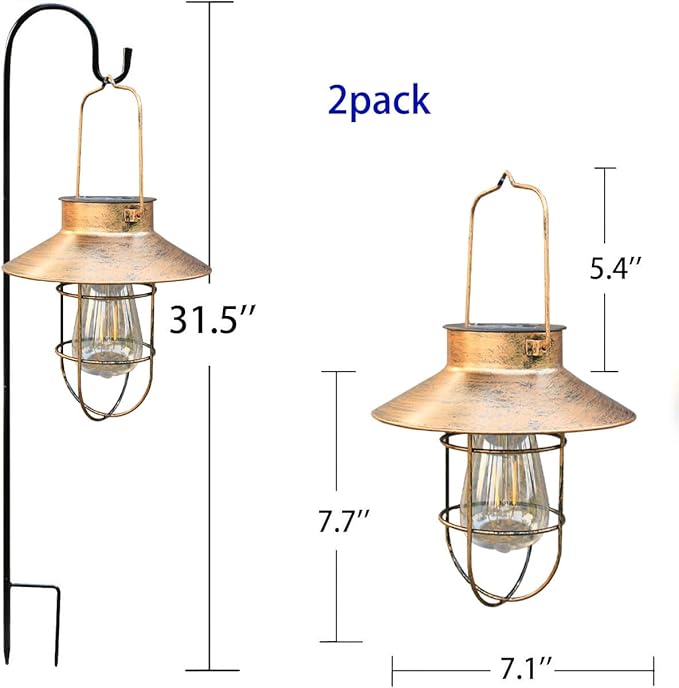 2 Pack Solar Lanterns, Outdoor Hanging Lights Metal with Shepherd Hook Warm White Edison Bulb Design for Garden and Birthday Gifts for Mom Grandma Wife ( Copper)-Ruum Studio Home