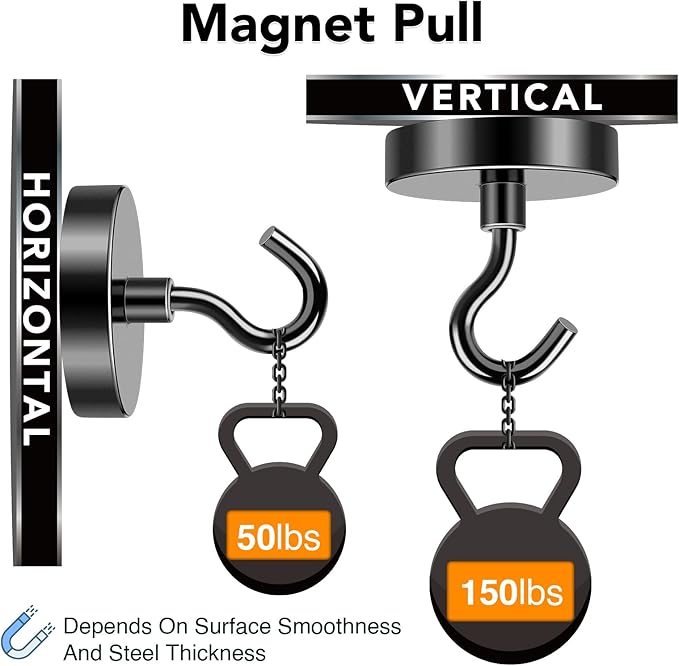 MIKEDE Black Magnetic Hooks Heavy Duty, 150LB+ Strong Neodymium Magnets for Refrigerator, Magnetic Hooks with Epoxy Coating for Hanging, Magnets with Hooks for Cruise, Home, Workplace - 10 Pack-Ruum Studio Home