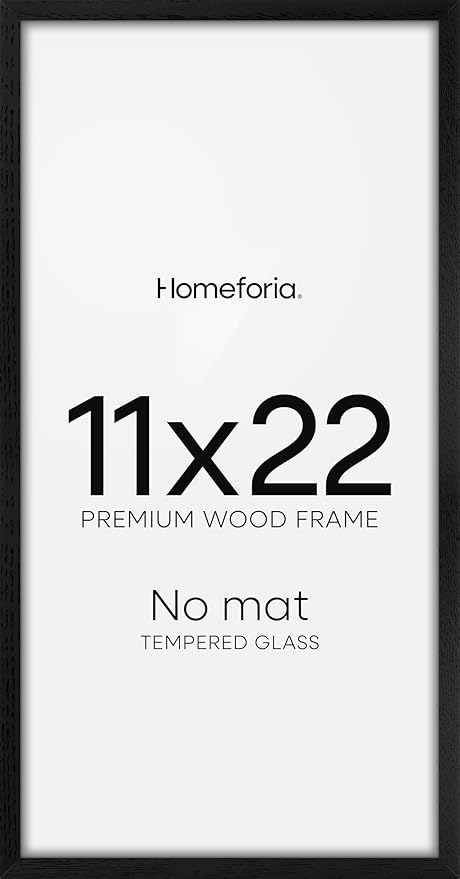 Homeforia 11x22 Black Wood Frame, High End Oak 11 x 22 Newspaper Display Frames without Mat, Wooden 22x11 Thin Picture Frames for Wall, 11 by 22 Black Poster Frames, Tempered Glass, Wall Kit, Set of 1-Ruum Studio Home