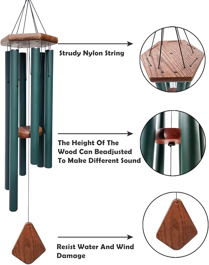 Wind Chimes Outdoor Large Deep Tone,Sympathy Wind Chime Outdoor, Memorial Wind-Chime with 6 Tuned Tubes, Elegant Chime for Garden, Patio, Balcony and Home Decor, Matte Green-Ruum Studio Home