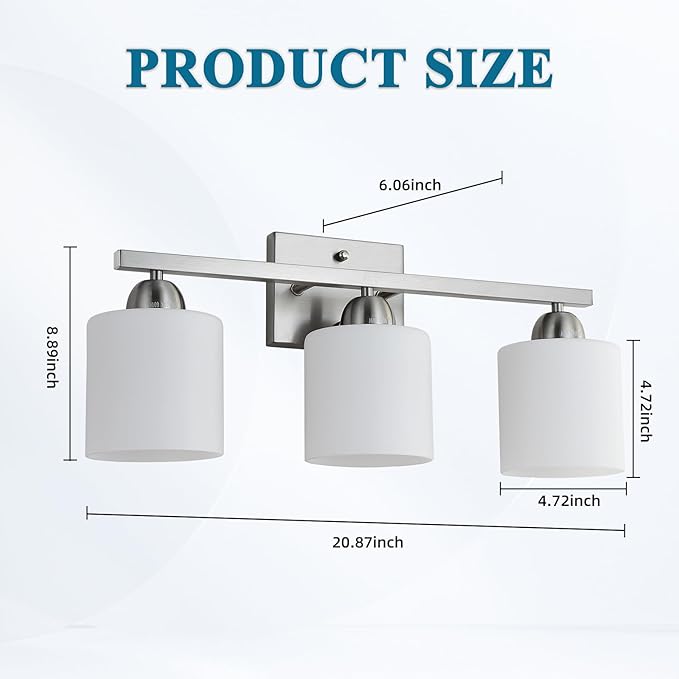 Stainless Steel Milk Glass Vanity Lights for Bathroom, 3 Light Brushed Nickel Bathroom Light Fixtures Over Mirror, Ceramic E26 Sockets Wall Mounted-Ruum Studio Home
