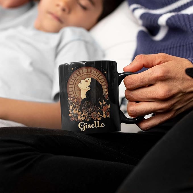 Elegant Woman Coffee Mug with Custom Name, Autumn Themed Ceramic Cup 11oz 15oz, Unique Fall Inspired Black Mug for Women, Personalized Women's Day Coffee Cup, Gifts for Holiday-Ruum Studio Home