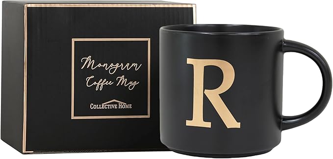 COLLECTIVE HOME - Monogram Ceramic Mugs, 15 oz Golden Initial Black Coffee Cups, Elegant Alphabet Tea Mugs, Elegant Personalized Mug with Gift Box, Unique Mug with Double Side Capital Lette (R)-Ruum Studio Home