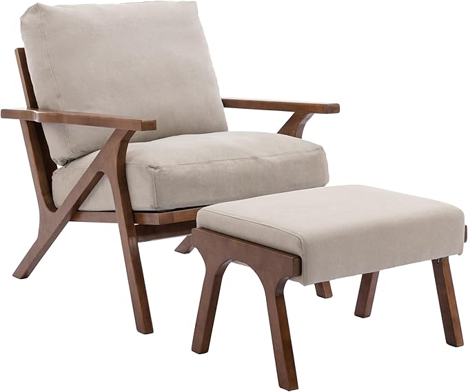 chairus Mid-Century Modern Accent Chair with Ottoman, Linen Fabric Armchair with Wood Legs Comfy Upholstered Single Sofa Chair for Living Room/Bedroom/Lounge, Beige-Ruum Studio Home