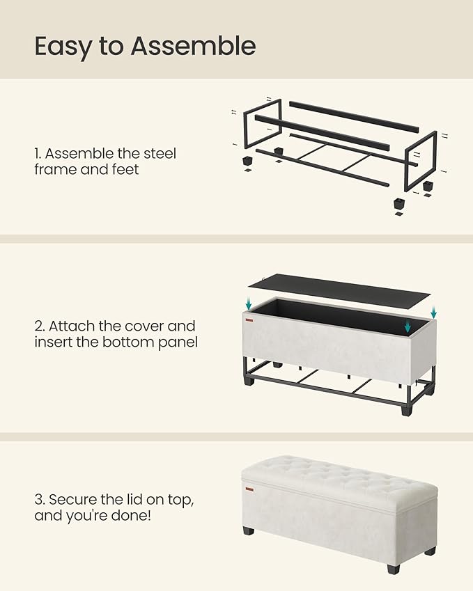 SONGMICS Velvet Storage Ottoman Bench, Foot Rest with Legs, 15.7 x 43 x 15.7 Inches, End of Bed Bench, Storage Chest, Load up to 660 lb, for Living Room, Bedroom, Entryway, Cream White ULSF089W01-Ruum Studio Home