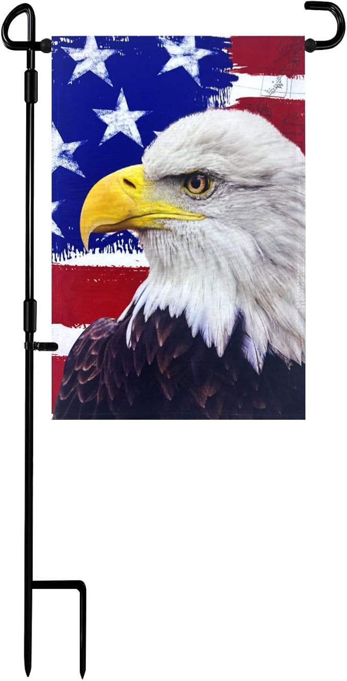 TOPFLAGS Garden Flag Stand with American Garden Flags Patriotic Stars and Eagle Yard Flag 12x18 Inch Holder Pole Stake Double Side for Outside with Clips and Stopper for Memorial Day 4 th of July-Ruum Studio Home