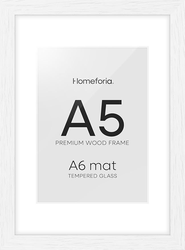 Homeforia A5 Picture Frame White Wood, High-End Oak 5.8x8.3 Frame Matted to 4.1x5.8 inch Photo, A5 Size Walnut Wooden Frames with Mat A6 for Print, 5.8 by 8.3 Frame, Tempered Glass, Wall Kit, Set of 1-Ruum Studio Home