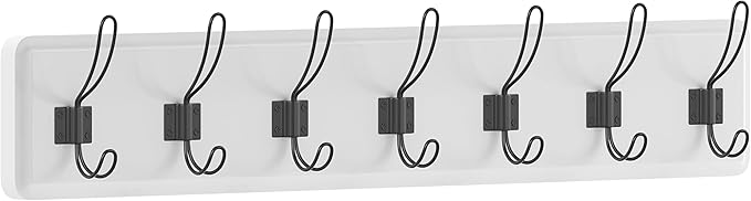 HBCY Creations White Solid Wood Wall Mounted Coat Rack with Shelf, 7 Hooks, 34" Long - Kitchen, Mudroom, Entryway, Bathroom - Includes Mounting Hardware, Coat Hanger, Dog Leash Hooks, Towel Rack-Ruum Studio Home