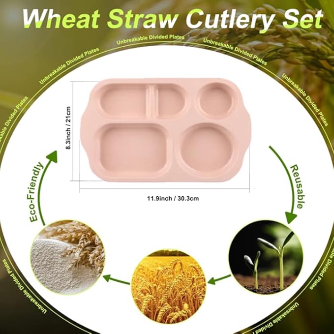 12 Inch Divided Plates4 PCS - Reusable Unbreakable Wheat Straw Plates, Dinnerware Lunch Tray Plates Tableware for Kitchen, Picky Eaters, Campers and Portion Control (Blush)-Ruum Studio Home