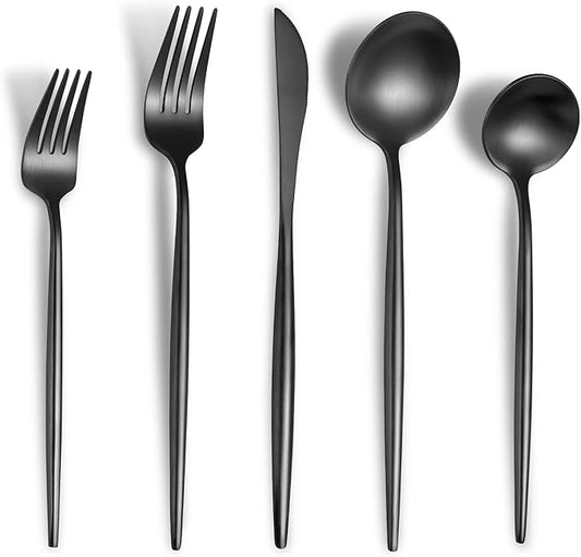 Matte Black Silverware Set for 4,Modern Stainless Steel Brushed Cutlery Set,20-Pieces Heavy Duty Flatware Set,Knives Spoons and Forks Set Utensils Set, Satin Finish, Dishwasher Safe-Ruum Studio Home