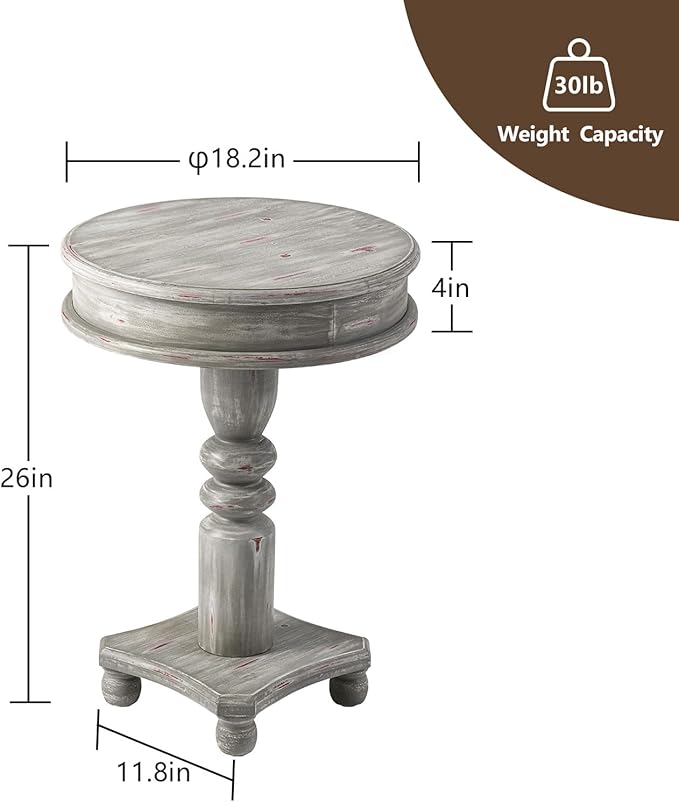 COSIEST Rustic Accent Side Table, Farmhouse Wood Pedestal Table Round End Table for Living Room, Bedroom, Distressed Whitewash Finish, Grey Color-Ruum Studio Home