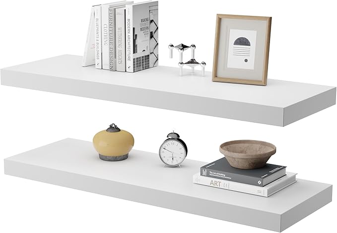 Large Floating Shelves for Wall Set of 2 Wooden Wall Shelves 36 in x 12.75 in x 2 in Room Decor Long Shelf with Invisible Wall Mount Bracket for Bedroom Kitchen Living Room White-Ruum Studio Home
