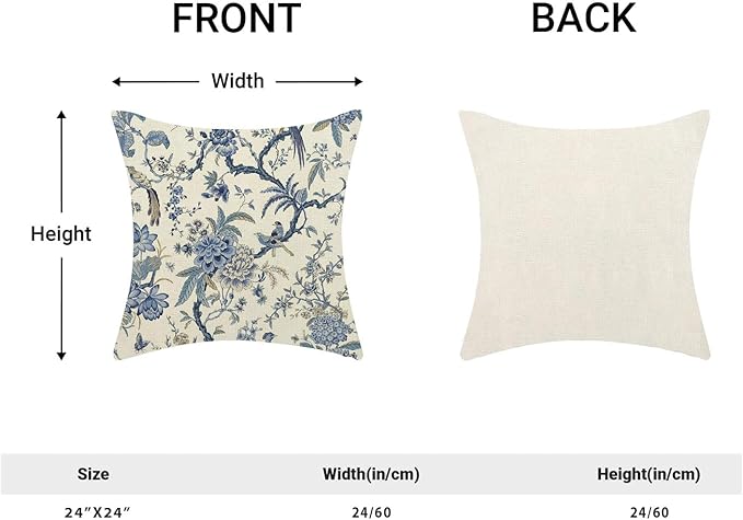 CXMEIFLY Spring Floral Birds Pillow Covers 24 x 24 Inch Set of 2 for Chinoiserie Flowers Decor Throw Pillows Blue and White Plant Outdoor Decorative Cushion Cases for Couch Bed Decorations-Ruum Studio Home