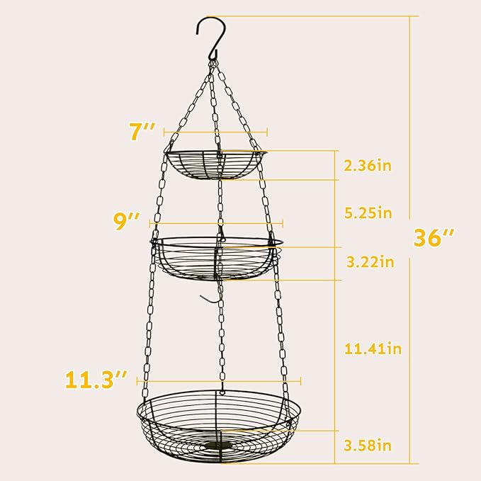 HULISEN 3 Tier Hanging Fruit Basket with Banana Hook, Heavy Duty Wire Hanging Baskets for Kitchen Storage, 36 Inch Hanging Vegetable Produce Basket Organizer (Including Installation Bracket)-Ruum Studio Home