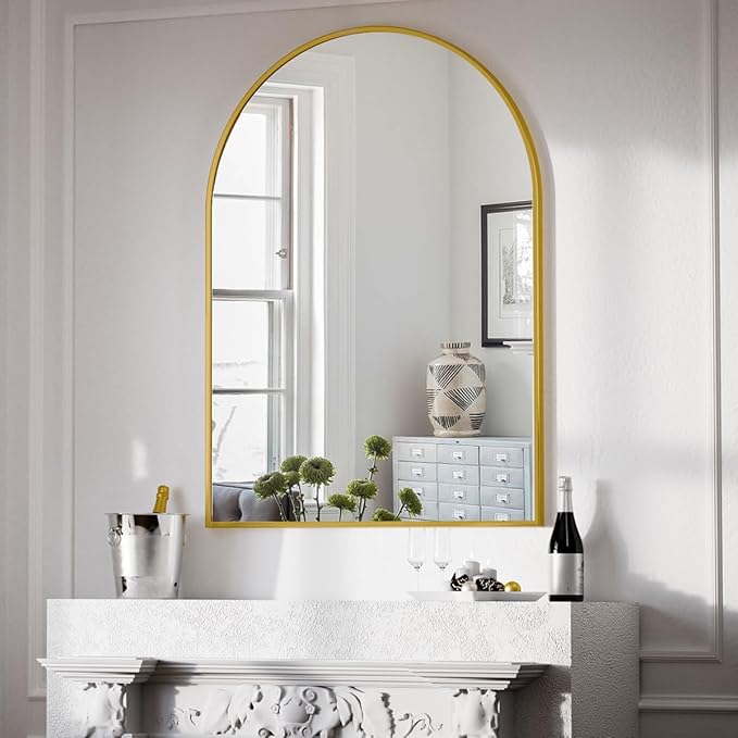 BEAUTYPEAK 30"x40" Arch Bathroom Mirror, Wall Mounted Vanity Metal Frame Mirror for Bedroom, Entryway, Living Room, Gold-Ruum Studio Home