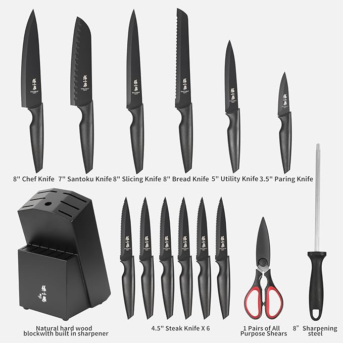 Zhang Xiao Quan Since 1628 15-Piece Kitchen Knife Block Set with Sharpening Steel Knive Set Ergonomic Handle Dishwasher Safe(Black)-Ruum Studio Home