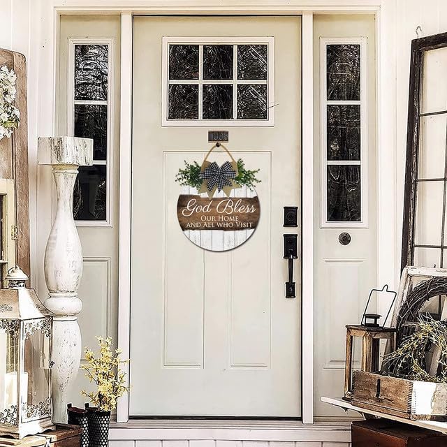 FemiaD God Bless This Home and All Who Enter Sign for Front Door Funny Wreaths Hanging Wooden Plaque Decoration Round Rustic Wood Farmhouse Porch Decor for Home Front Door Decor 11inch-Ruum Studio Home