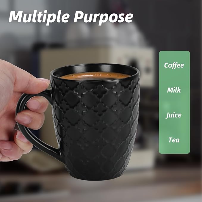 16 OZ Bone Coffee Mugs Set of 6 Matte Black, Large Ceramic Coffee Mugs Set with Different Texture Patterns, Porcelain Cups with Handle for Espresso Latte Tea Milk-Ruum Studio Home