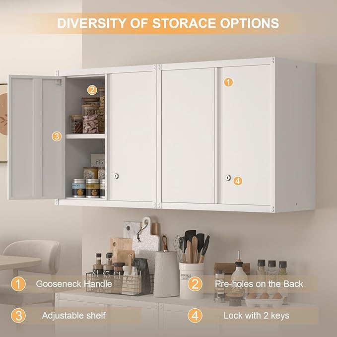 Wall Cabinet,Metal Storage Cabinet with 2 Doors,Locking Wall Cabinets for Office,Home,White-Ruum Studio Home
