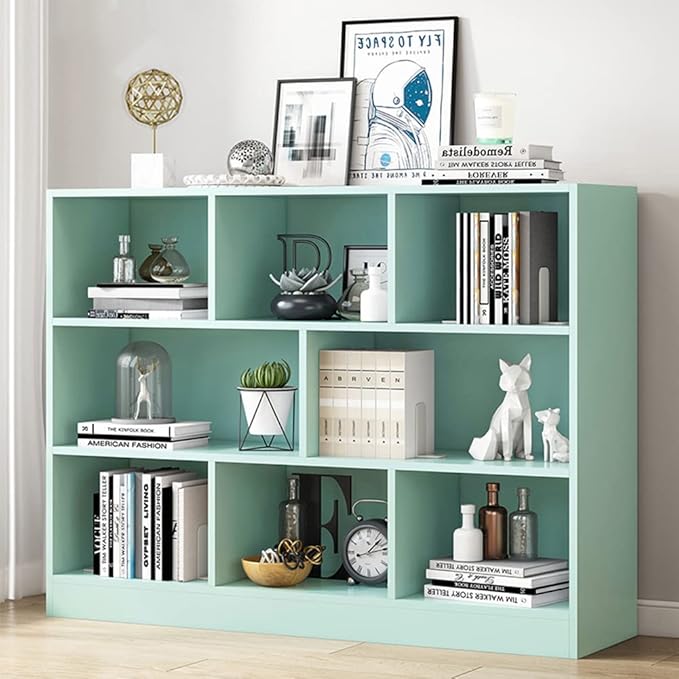 IOTXY Open Shelf Low Bookcase - Wooden 3-Tier Floor Standing Display Cabinet Organizer with Base, 8 Cubes Short Horizontal Bookshelf in Tiffany-Green-Ruum Studio Home