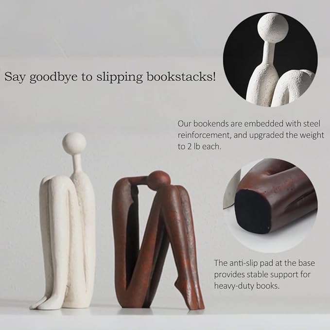 Decorative Bookends for Heavy Books, Thinker Statue Book Holders for Shelves & Office Desk, Abstract Decor Aesthetic Book Ends Stoppers, Modern Bookshelf Decoration-Ruum Studio Home