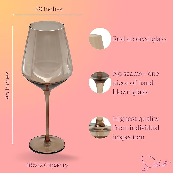 Saludi Colored Wine Glasses, 16.5oz (Set of 6) Stemmed Multi-Color Glass - Great for all Wine Types and Occasions - Luxury, Durable, Hand-Blown-Ruum Studio Home
