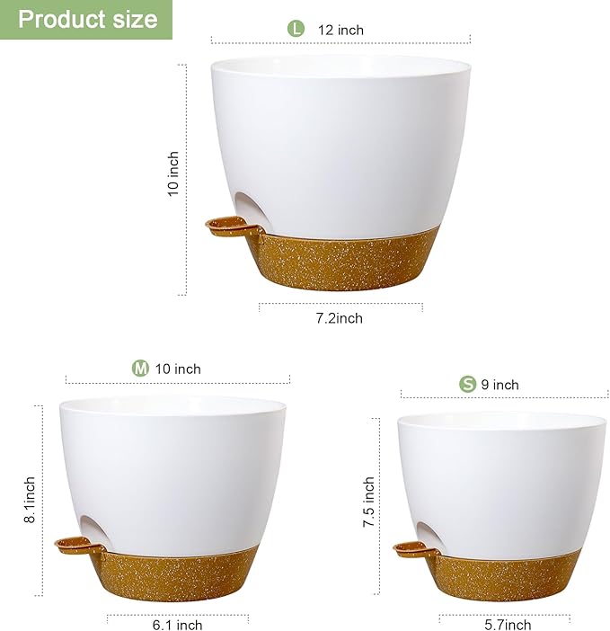 12/10/9 inch Large Self Watering Pots, Plant Pots with Mesh Drainage Holes for Indoor Outdoor Garden Plants, Flower Pots with Deep Reservoir, 3 Pack Plastic Planters, White with Brown-Ruum Studio Home