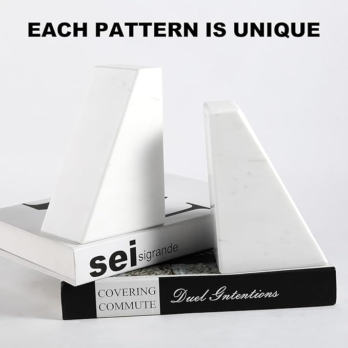 Marble Bookends for Heavy Books, Decorative Book Ends for Shelves, White Stone Durable and Heavy-Duty Book Ends for Hardback Books & CDS, Unique Book Stopper & Holder, Set of 2-Ruum Studio Home