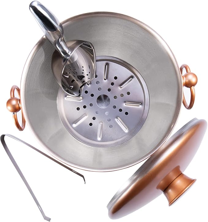 Ice Bucket with Lid, Scoop, Tongs and Strainer - Well Made Insulated Stainless Steel Keep Ice Frozen Longer - Ideal for Cocktail Bar, Parties, Chilling Wine, Champagne - 3 Liter (Copper)-Ruum Studio Home