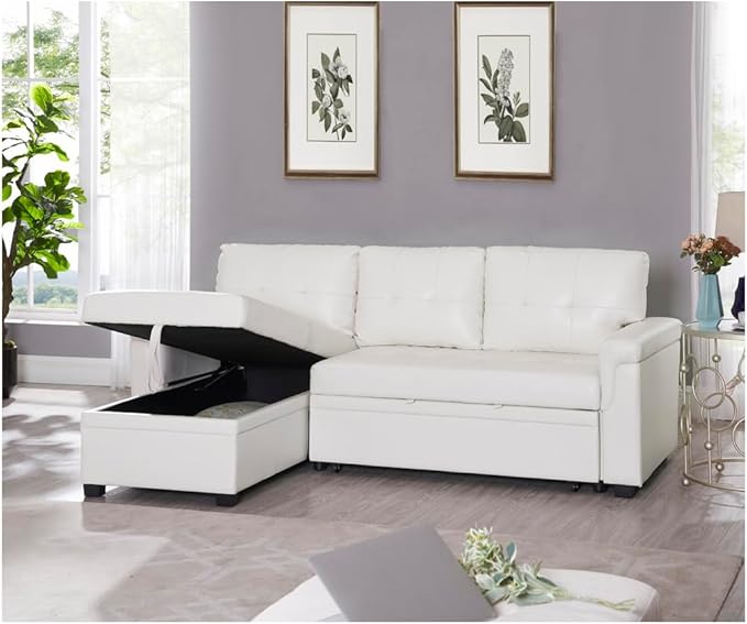 Naomi Home Transform Any Space: Sleeper Sectional Sofa with Convertible Sofa Bed & Inviting Chaise. Find Tranquil Comfort with Stress-Relieving Design & Durable Cushions - White/Air Leather-Ruum Studio Home