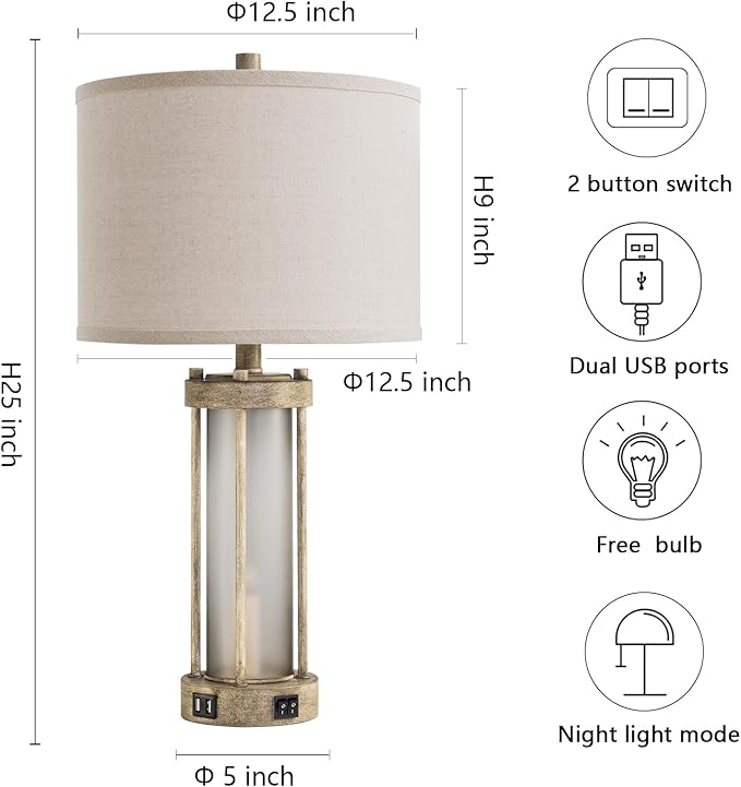 Farmhouse Table Lamps Set of 2 for Living Room, Vintage Bedroom Nightstand Lamp with Dual USB Ports, Bedside Lamp with Frosted Glass Nightlight for End Table Entryway, 4 Bulbs Included (Earthy Gray)-Ruum Studio Home