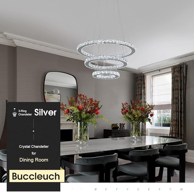 Buccleuch Modern Crystal Chandelier, Dimmable LED Pendant Light Fixture 3-Ring Adjustable Stainless Steel Ceiling Light, Silver Crystal Chandeliers for Dining Room, Bedroom, Living Room - ETL Listed-Ruum Studio Home