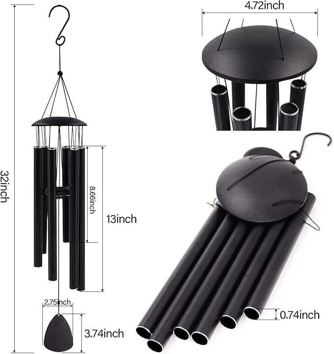 Wind Chimes for Outside, Large Aluminum Wind Chimes – Deep Tones & Soothing Melodies Ideal for Garden, Patio Decor, and Windchimes Outdoors for Loss of Loved One (32'' Black)-Ruum Studio Home