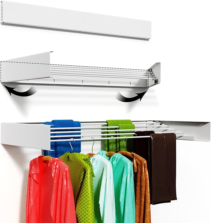 Wall Mounted Drying Rack for Laundry 40'', Folding Drying Rack Clothing Wall Mount with 5 Rods, Space Saving for Indoor Outdoor Bathroom Balcony (White, 40'')-Ruum Studio Home