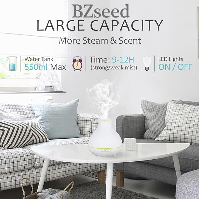 BZseed Aromatherapy Essential Oil Diffuser 550ml 12 Hours White Wood Grain Aroma Diffuser with Timer for Large Room, Home, Baby Bedroom, Waterless Auto Shut-Off, 7 Colors Lights Changing-Ruum Studio Home