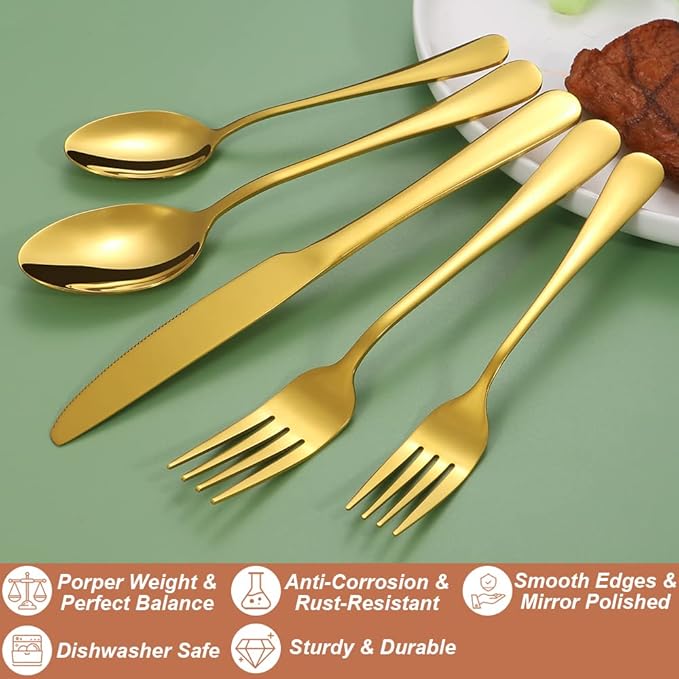 Lazycorner 40 Pcs Gold Silverware Set for 8, Food Grade Stainless Steel Flatware Set Include Fork/Knife/Spoon, Mirror Polished Eating Utensils Sets, Reusable Silverwear Cutlery Set, Dishwasher Safe-Ruum Studio Home
