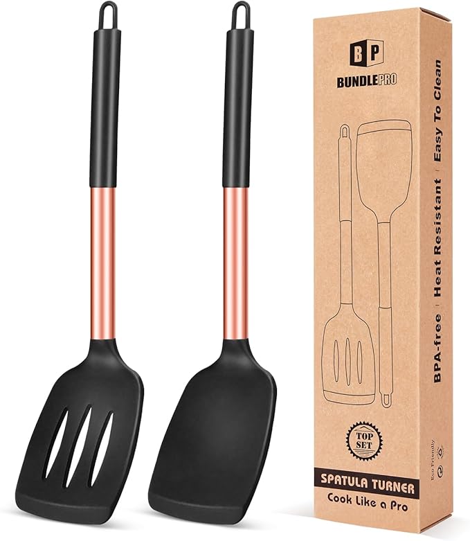 Pack of 2 Silicone Solid Turner, Non Stick Slotted Kitchen Spatulas, High Heat Resistant BPA Free Cooking Utensils, Ideal Cookware for Fish, Eggs, Pancakes(Rose Gold Black)-Ruum Studio Home