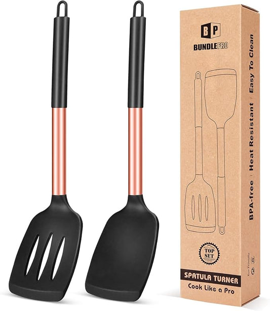 Pack of 2 Silicone Solid Turner, Non Stick Slotted Kitchen Spatulas, High Heat Resistant BPA Free Cooking Utensils, Ideal Cookware for Fish, Eggs, Pancakes(Rose Gold Black)-Ruum Studio Home