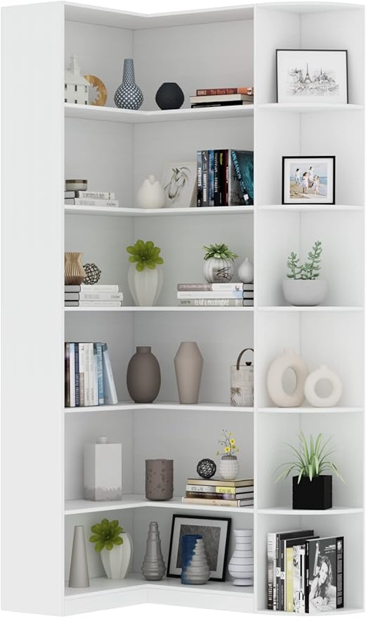 Loomie White Book Shelf, 6 Tiers Shelf Large Tall Corner Etagere Bookcase with Full Baffle, L-Shaped Modern Storage Display Industrial Bookshelves for Bedroom, Home Office, Living Room & Kitchen-Ruum Studio Home