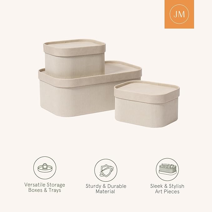 La Jolie Maison Fluted Cardboard Storage Baskets with Leather-Like Lids, Sturdy Stackable Paper Boxes Decorative Tray,Set of 3 Ivory-Ruum Studio Home