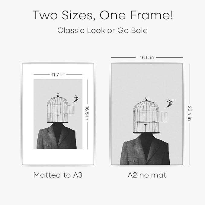 Homeforia A2 Poster Frame Silver, High End Metal A2 Picture Frames Silver with Mat A3 Print, 16.5x23.4 Frames Matted to 11.7x16.5 Photo, 16.5 by 23.5 Hanging Frames, Tempered Glass, Wall Kit, Set of 1-Ruum Studio Home