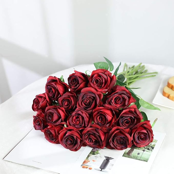 Burgundy Fake Roses Artificial Flowers - 16 Pcs Fake Artificial Roses Silk Flowers with Stems for Home Wedding Hotel Office Centerpiece Decor（Burgundy）-Ruum Studio Home