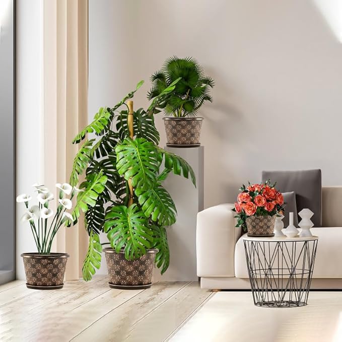 16 Inch Planter Pots for Plants, Plastic Large Flower Pots Indoor Outdoor, 4 Pack Resin Plant Pot with Drainage & Saucer, Retro Decorative Garden Pot with Removable Trays for House-Ruum Studio Home